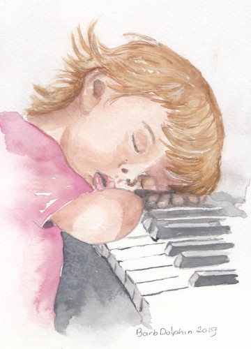 Little Sleepyhead at the Piano <BR>7½x5 <BR>$30