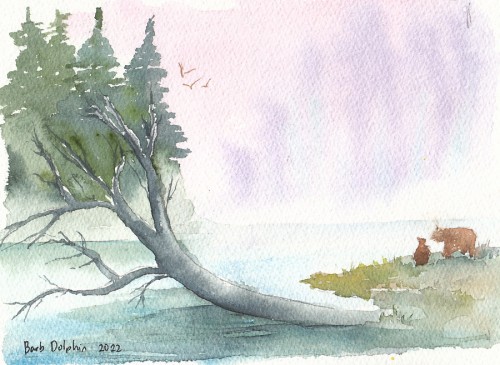 Northwest Woods <BR>8x6 <BR>$25 <BR>First painted in oils, I had to give it a try with watercolors