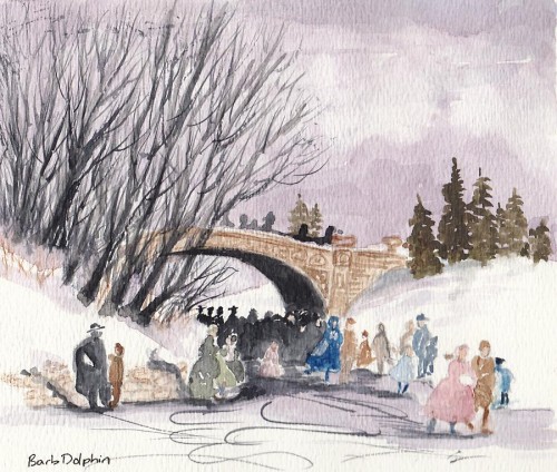 Skating On the Canals <BR>7x6 <BR>Watercolor/Pen and Ink<BR>$40