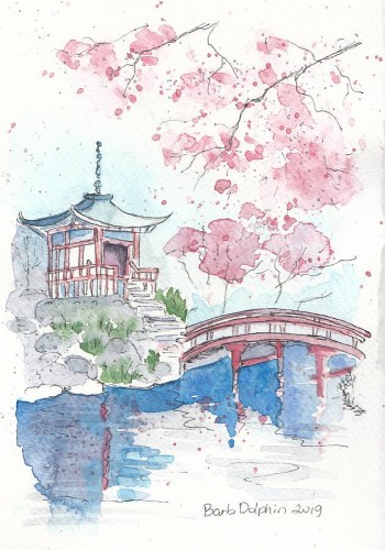 Pagoda and Cherry  - SOLD Blossoms<BR>7½x5<BR>